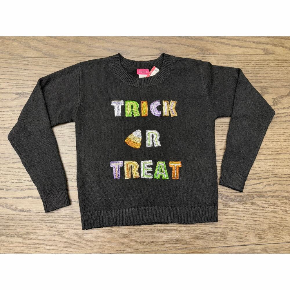 NWT Zunie Girls Halloween Sweater M(7/8) Black Sequin Trick or Treat Candy Corn